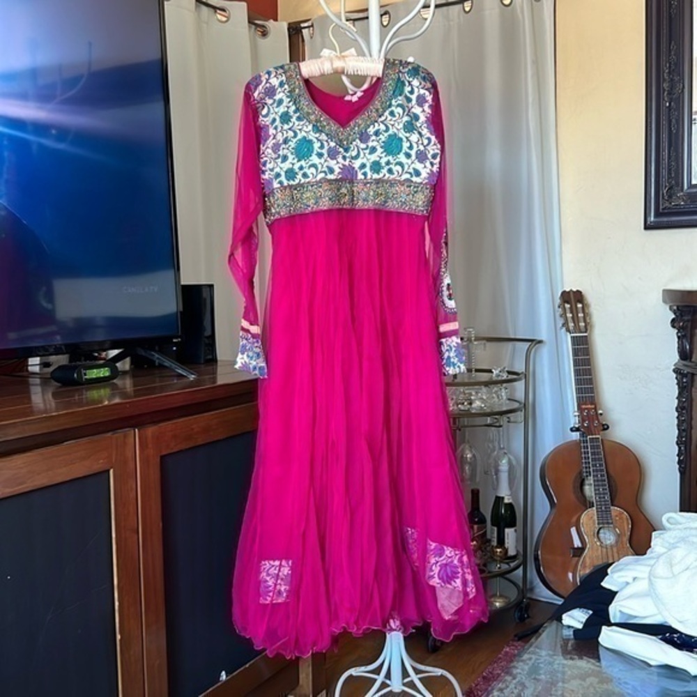 Floor length anarkali hot  pink and turquoise green,  stone work Bollywood dress